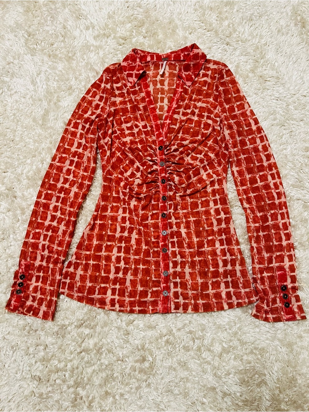 Free People Lucky Shirtee Rust Plaid Ruched Button-Down Top *Please see desc.